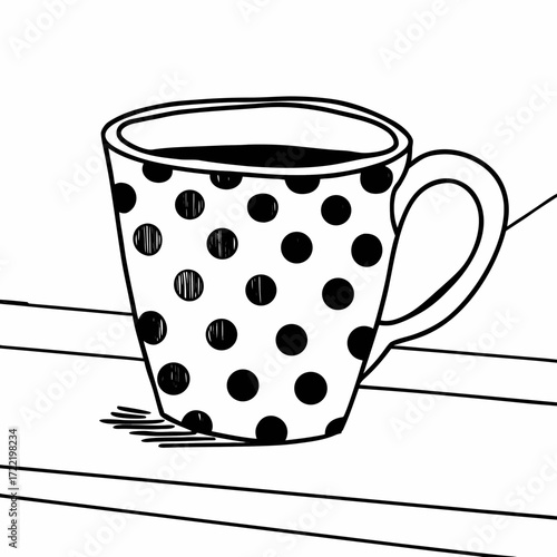 Polka dot coffee cup in simple line drawing style on table  