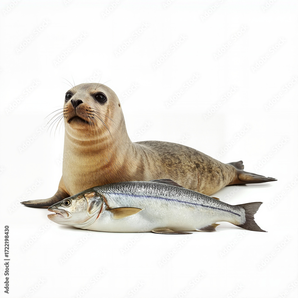 Fototapeta premium Seal resting beside fish on white background 