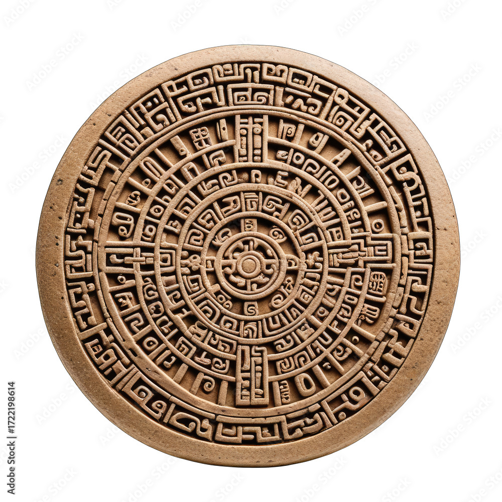 Obraz premium Circular, detailed, bas-relief design. Ancient, possibly Mayan or Aztec, intricate carving, featuring concentric circles, symbols and glyphs, on a bronze-toned surface