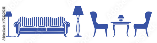 Blue Silhouette of Living Room Furniture: Sofa, Chairs, Table, and Lamps