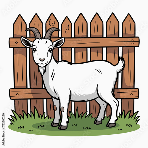 Hand-drawn illustration of a goat standing near a wooden fence in a grassy field