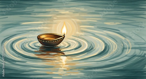 Diya Lamp Floating on Water with Ripples and Reflection Art Illustration
