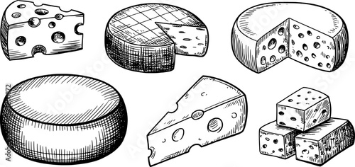 Black and white cheese illustration with various shapes swiss cheese cheddar