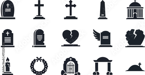 Gravestones, tombstones, headstones cemetery icon set silhouette editable vector illustration 