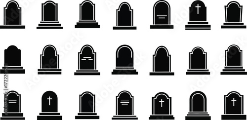 Gravestones, tombstones, headstones cemetery icon set silhouette editable vector illustration 