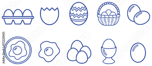Collection of Blue Line Art Icons Representing Eggs and Egg Dishes