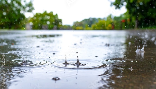 Rain drops splashing on wet pavement
