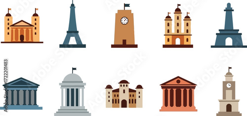iconic landmarks and buildings from around the world. Famous monuments Eiffel tower, lighthouse, historic, capitol building, church and others editable vector illustration icons