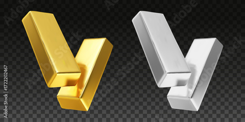 3D golden and silver bar isolated on a transparent background