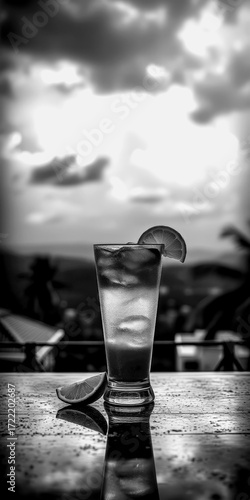 Refreshing drink with lemon slice in scenic sunset view