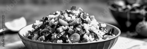 Colorful grain salad with fresh vegetables and herbs in bowl