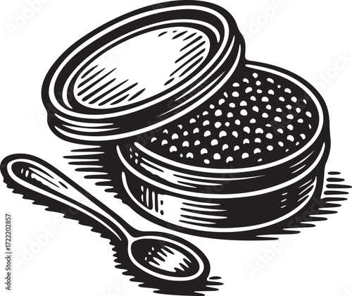 Black and white linocut illustration of luxury caviar tin with spoon, engraved woodcut vector style food art for gourmet dining, packaging and culinary design