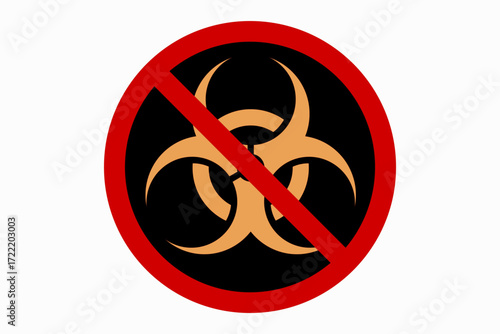 Vector illustration of prohibition sign with biohazard symbol inside red circle. Concept of no biohazard, restricted area, toxic ban, contamination prevention, and safety warning.