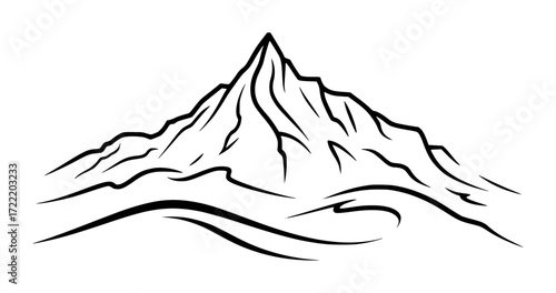 Stylized Black and White Mountain Peak with Rolling Hills