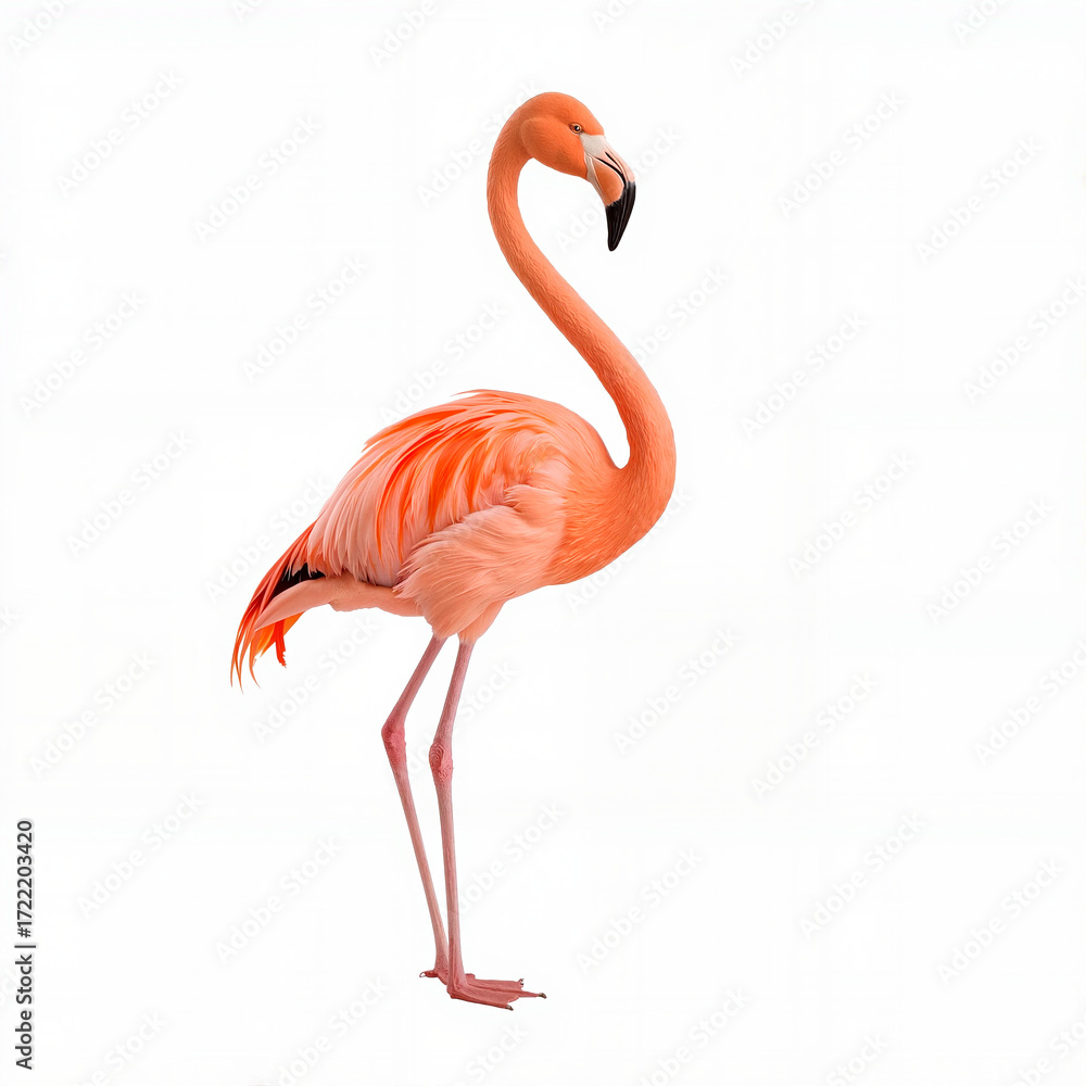Fototapeta premium Elegant pink flamingo standing with neck curved on white background 