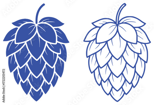 Two stylized hop cones, one solid blue and one outlined in blue