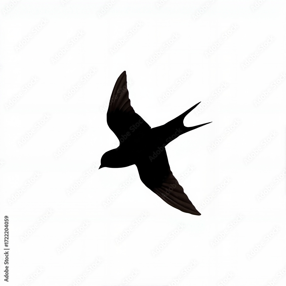 Obraz premium Black silhouette of a bird flying against a white background 