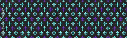 Elegant teal and purple fleurdelis pattern on a dark background.  Perfect for website design, textile prints, or sophisticated branding.