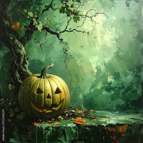 Spooky Halloween pumpkin in a mystical forest