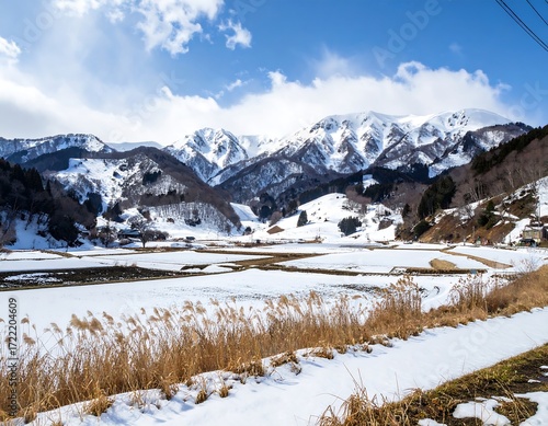 Snowy mountain valley landscape