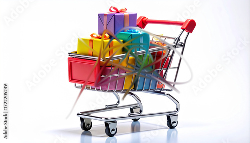 Minimal Chrome Shopping Cart Filled with Colorful 3D Gift Boxes on Clean White Retail Display