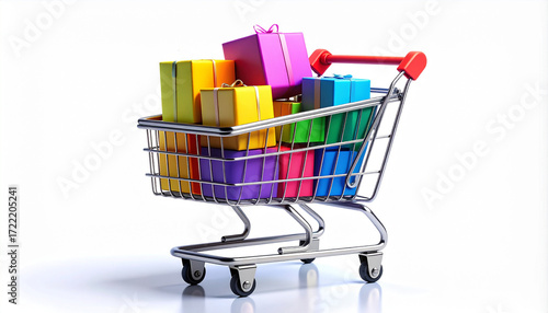 Minimal Chrome Shopping Cart Filled with Colorful 3D Gift Boxes on Clean White Retail Display