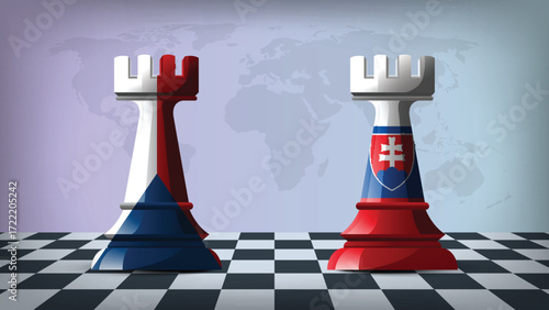 Two Standing Rooks Representing Czech Republic vs Slovakia with Flags on Bodies and World Map in Background