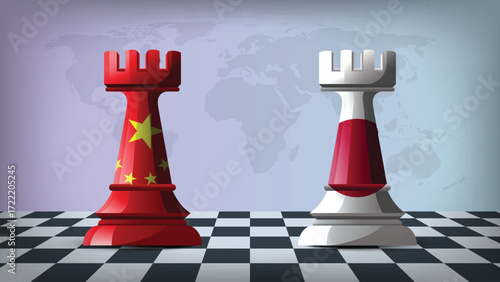 Two Standing Rooks Representing Japan vs China with Flags on Bodies and World Map in Background