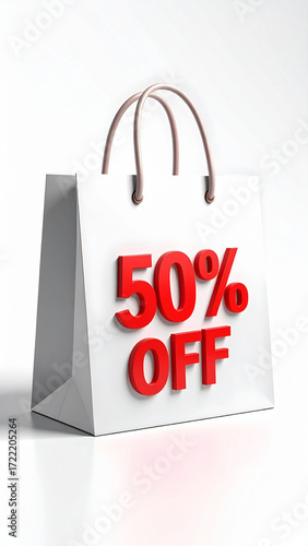 Isolated 3D White Shopping Bag with Bold Red Fifty Percent (50%) Discount Text on Reflective Surface