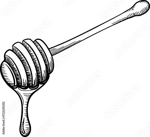 Black and white line drawing of a honey dipper with dripping honey vector
