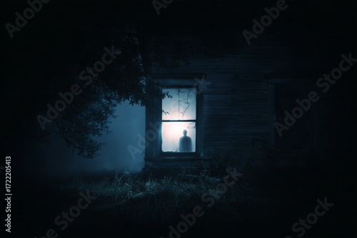 Haunted house with mysterious shadow silhouette in the window
