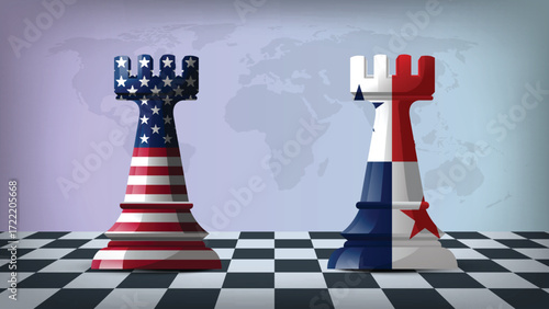 Two Standing Rooks Representing Panama vs USA with Flags on Bodies and World Map in Background