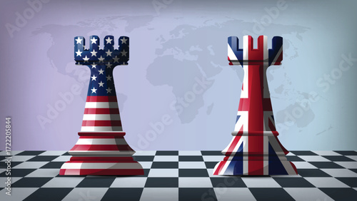 Two Standing Rooks Representing USA vs UK with Flags on Bodies and World Map in Background