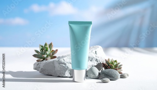 Cosmetic tube on Stone: A sleek, pastel cosmetic tube is presented on a rough, textured stone, nestled among small succulents and polished pebbles against a soft, summery backdrop.