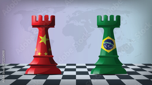 Two Standing Rooks Representing Brazil vs China with Flags on Bodies and World Map in Background
