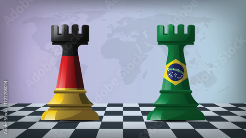 Two Standing Rooks Representing Brazil vs Germany with Flags on Bodies and World Map in Background