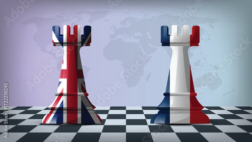 Two Standing Rooks Representing France vs UK with Flags on Bodies and World Map in Background
