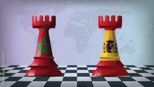 Two Standing Rooks Representing Morocco vs Spain with Flags on Bodies and World Map in Background