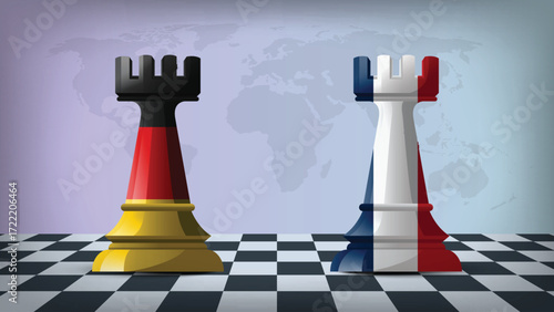 Two Standing Rooks Representing Germany vs France with Flags on Bodies and World Map in Background