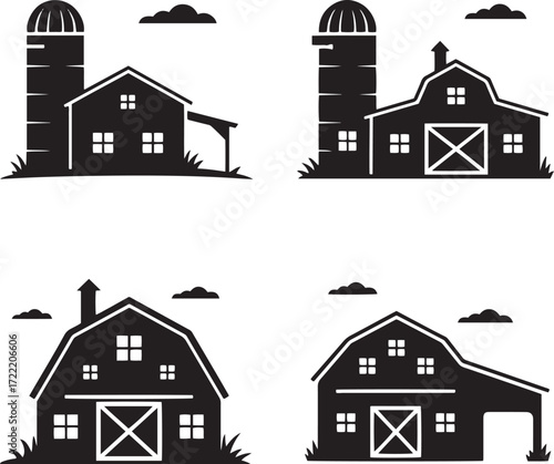 Four black farm building silhouettes with silos and clouds