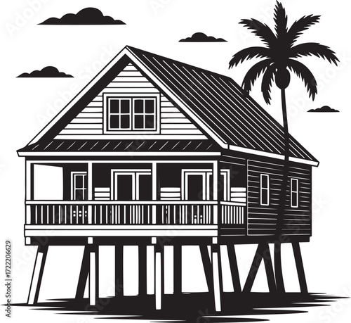Black and white stilt house with palm tree and clouds