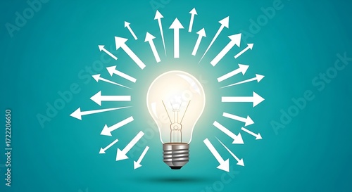 Lightbulb radiating ideas, surrounded by arrows on a teal background
