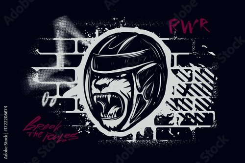 Graffiti-style roaring panther in a helmet on a brick wall background with "Break the Rules" text. Angry tiger print in tattoo style, illustration for t-shirts