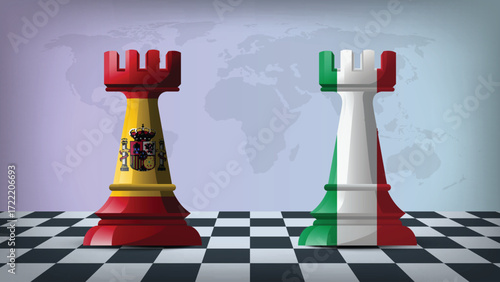 Two Standing Rooks Representing Italy vs Spain with Flags on Bodies and World Map in Background