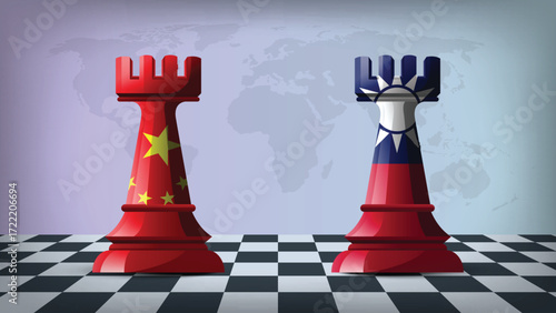 Two Standing Rooks Representing China vs Taiwan with Flags on Bodies and World Map in Background