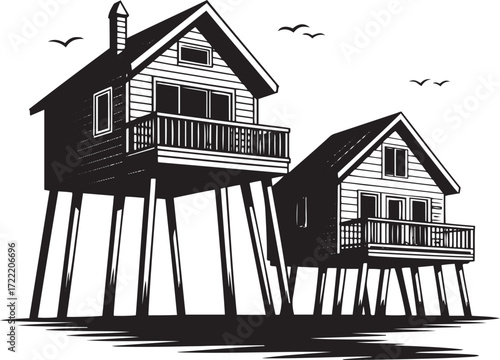 Two stilt houses with balconies and flying birds house on stilts