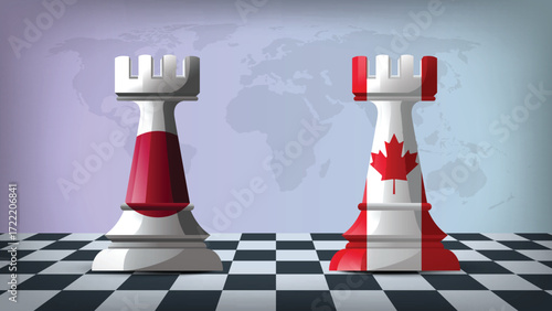 Two Standing Rooks Representing Canada vs Japan with Flags on Bodies and World Map in Background