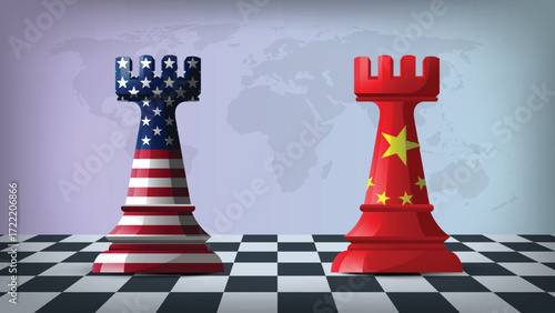 Two Standing Rooks Representing USA vs China with Flags on Bodies and World Map in Background