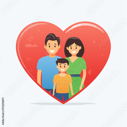 A loving family portrait of a father, mother, and son, embraced within a large red heart symbolizing love and unity.