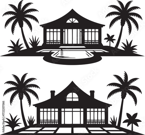 Tropical house with palm trees and swimming pool silhouette